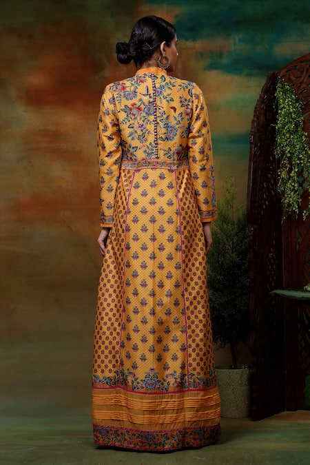 Shop_Samvrih_Yellow Organza, Chanderi Silk, Voile Embroidery Swarn Hiran Ghera A-line Dress _at_Aza_Fashions