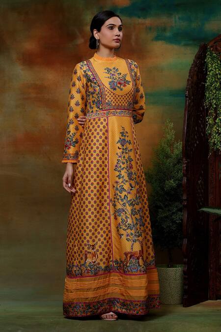 Samvrih_Yellow Organza, Chanderi Silk, Voile Embroidery Swarn Hiran Ghera A-line Dress _Online_at_Aza_Fashions