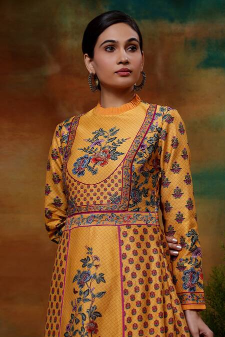 Buy_Samvrih_Yellow Organza, Chanderi Silk, Voile Embroidery Swarn Hiran Ghera A-line Dress _Online_at_Aza_Fashions