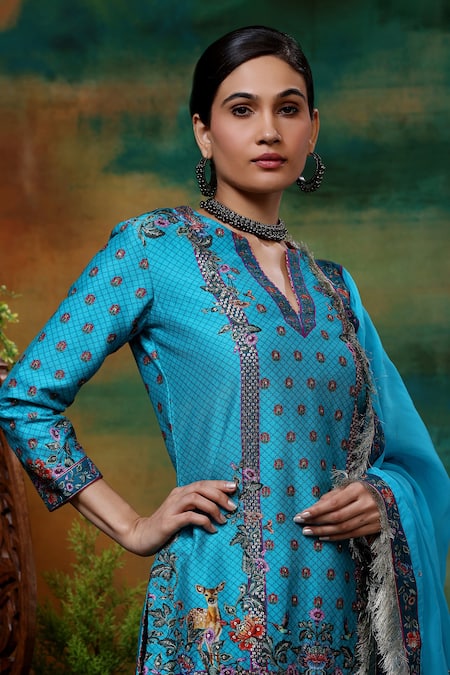 Samvrih_Blue Organza, Chanderi Silk Sequins, Neel Sitara Print Kurta Sharara Set _Online_at_Aza_Fashions