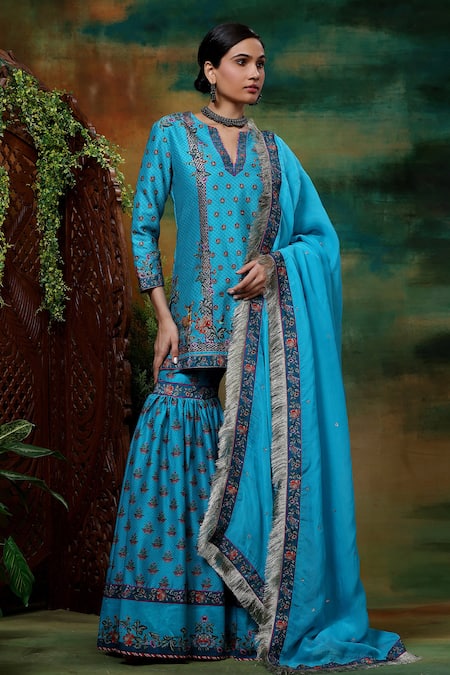 Buy_Samvrih_Blue Organza, Chanderi Silk Sequins, Neel Sitara Print Kurta Sharara Set _Online_at_Aza_Fashions