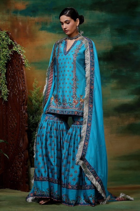 Shop_Samvrih_Blue Organza, Chanderi Silk Sequins, Neel Sitara Print Kurta Sharara Set _Online_at_Aza_Fashions