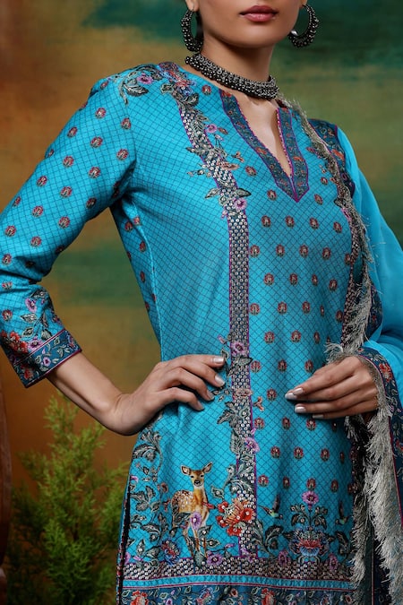 Samvrih_Blue Organza, Chanderi Silk Sequins, Neel Sitara Print Kurta Sharara Set _at_Aza_Fashions