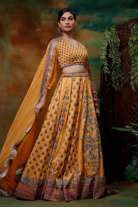 Samvrih_Yellow Organza, Voile, Chanderi Silk Sequins Swarn Hiran Embroidered Lehenga Set _Online_at_Aza_Fashions