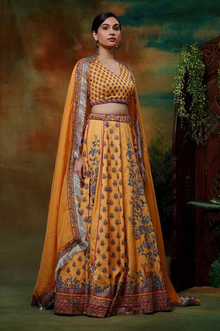Buy_Samvrih_Yellow Organza, Voile, Chanderi Silk Sequins Swarn Hiran Embroidered Lehenga Set _Online_at_Aza_Fashions
