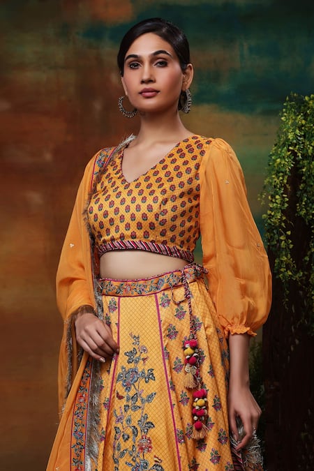 Shop_Samvrih_Yellow Organza, Voile, Chanderi Silk Sequins Swarn Hiran Embroidered Lehenga Set _Online_at_Aza_Fashions
