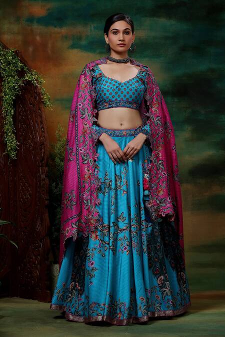 Samvrih_Blue Organza, Chanderi Silk, Cotton Neel Mayur Peacock Printed Lehenga Set _Online_at_Aza_Fashions