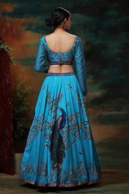 Buy_Samvrih_Blue Organza, Chanderi Silk, Cotton Neel Mayur Peacock Printed Lehenga Set _Online_at_Aza_Fashions