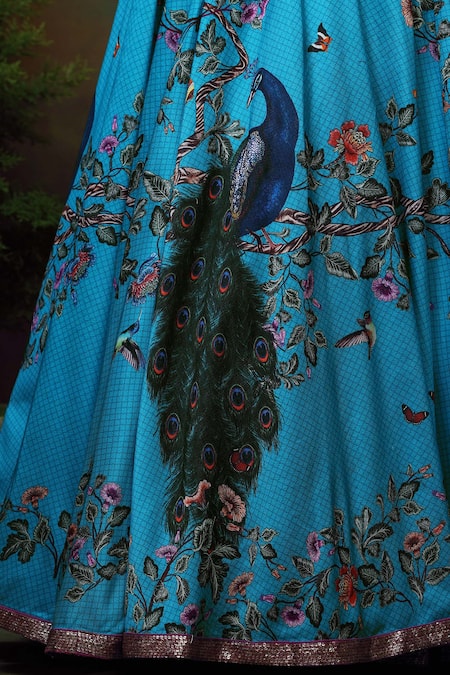 Shop_Samvrih_Blue Organza, Chanderi Silk, Cotton Neel Mayur Peacock Printed Lehenga Set _Online_at_Aza_Fashions