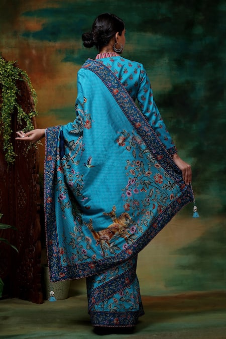 Samvrih Neel Mayur Peacock Print Saree With Blouse 