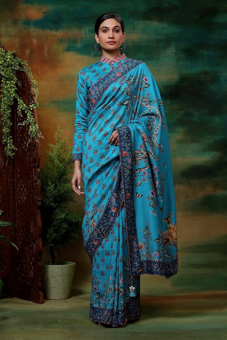 Samvrih_Blue Chanderi Silk, Voile Tassels Neel Mayur Peacock Print Saree With Blouse _Online_at_Aza_Fashions