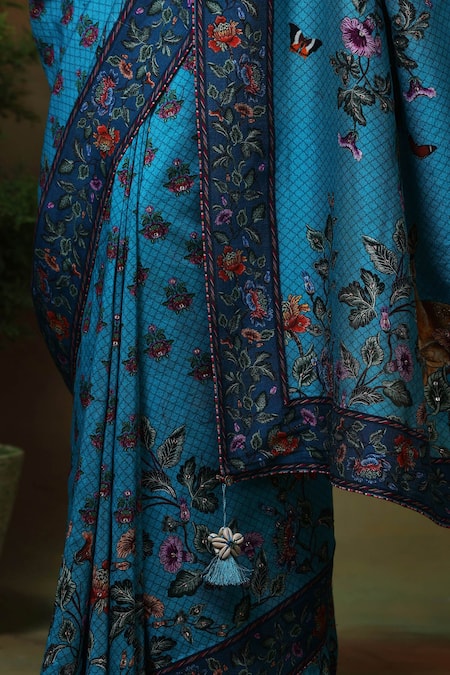 Buy_Samvrih_Blue Chanderi Silk, Voile Tassels Neel Mayur Peacock Print Saree With Blouse _Online_at_Aza_Fashions