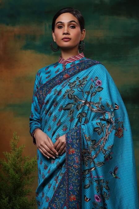 Shop_Samvrih_Blue Chanderi Silk, Voile Tassels Neel Mayur Peacock Print Saree With Blouse _Online_at_Aza_Fashions
