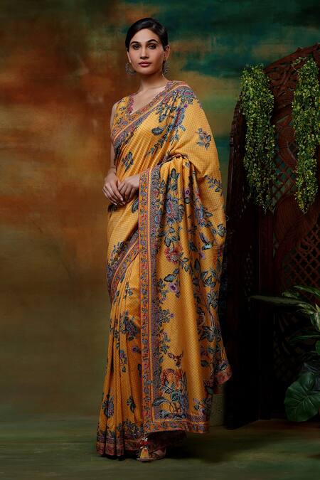 Samvrih_Yellow Chanderi Silk, Organza, Cotton, Swarn Hiran Printed Saree With Blouse _Online_at_Aza_Fashions