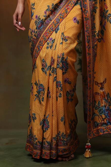 Shop_Samvrih_Yellow Chanderi Silk, Organza, Cotton, Swarn Hiran Printed Saree With Blouse _Online_at_Aza_Fashions