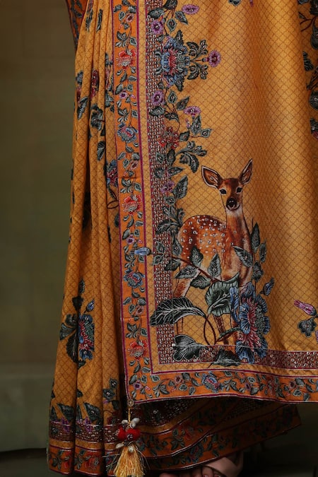 Samvrih_Yellow Chanderi Silk, Organza, Cotton, Swarn Hiran Printed Saree With Blouse _at_Aza_Fashions