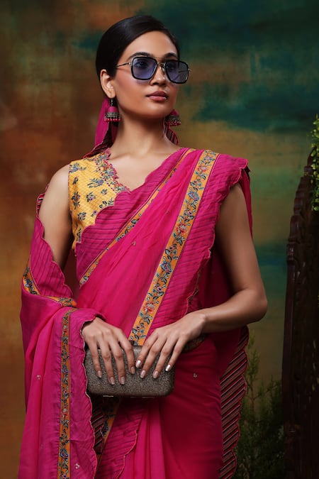Samvrih_Pink Organza, Chanderi Embroidery, Sequins Gulabi Sitara Saree With Blouse _Online_at_Aza_Fashions