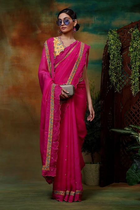 Buy_Samvrih_Pink Organza, Chanderi Embroidery, Sequins Gulabi Sitara Saree With Blouse _Online_at_Aza_Fashions