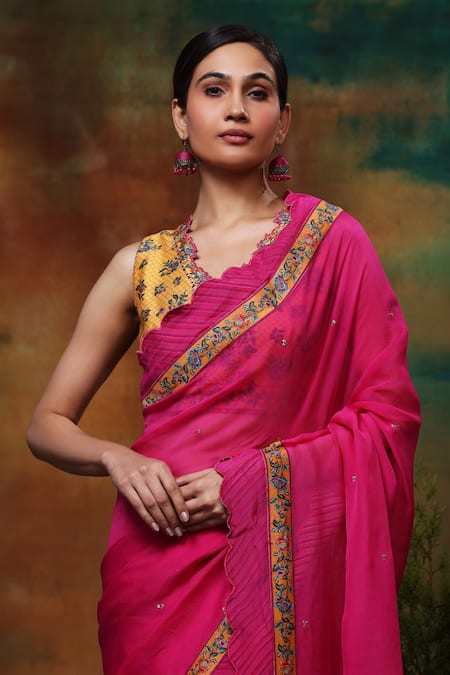 Shop_Samvrih_Pink Organza, Chanderi Embroidery, Sequins Gulabi Sitara Saree With Blouse _Online_at_Aza_Fashions