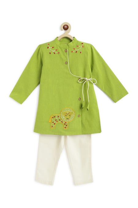 Tiber Taber_Green Cotton Embroidery Lion Kurta And Pyjama Set _Online_at_Aza_Fashions