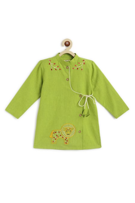 Buy_Tiber Taber_Green Cotton Embroidery Lion Kurta And Pyjama Set _Online_at_Aza_Fashions