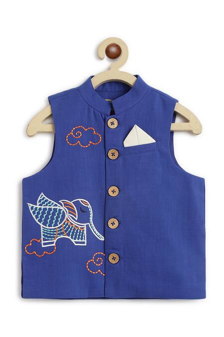 Tiber Taber Blue Cotton Embroidery Elephant Bundi Online at Aza Fashions Tiber Taber_Blue Cotton Embroidery Elephant Bundi _Online_at_Aza_Fashions