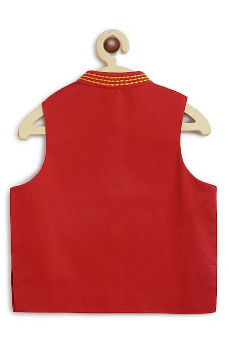 Shop_Tiber Taber_Red Cotton Embroidery Lion Bundi _at_Aza_Fashions