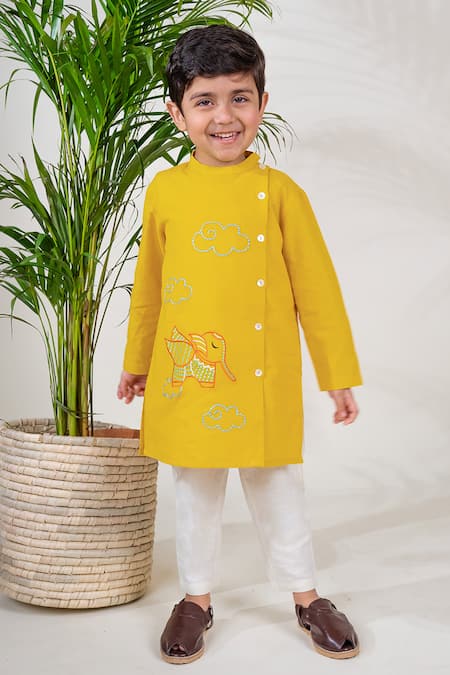 Tiber Taber Yellow 100% Cotton Embroidery Elephant Magical Kurta With Pyjama 