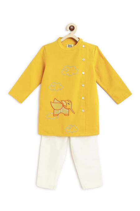 Tiber Taber Yellow Cotton Embroidery Magical Elephant Kurta With Pyjama Online at Aza Fashions Tiber Taber_Yellow Cotton Embroidery Magical Elephant Kurta With Pyjama_Online_at_Aza_Fashions