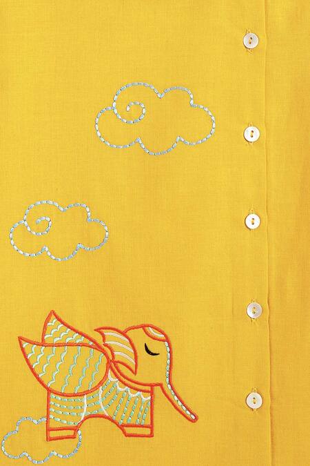 Tiber Taber Yellow Cotton Embroidery Magical Elephant Kurta With Pyjama at Aza Fashions Tiber Taber_Yellow Cotton Embroidery Magical Elephant Kurta With Pyjama_at_Aza_Fashions