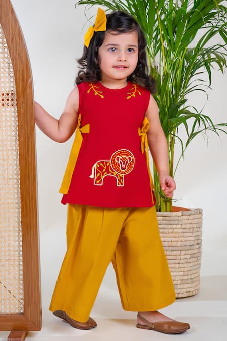 Tiber Taber Red 100% Cotton Embroidery Lion Proud Kurta With Palazzo 