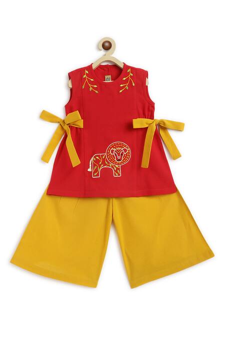 Tiber Taber Red Cotton Bows Lion Embroidered Kurta Set Online at Aza Fashions Tiber Taber_Red Cotton Bows Lion Embroidered Kurta Set_Online_at_Aza_Fashions
