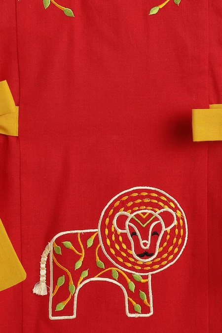 Buy Tiber Taber Red Cotton Bows Lion Embroidered Kurta Set Buy_Tiber Taber_Red Cotton Bows Lion Embroidered Kurta Set