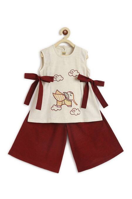 Tiber Taber Cream Cotton Bows Calm Elephant Embroidered Kurta And Palazzo Set Online at Aza Fashions Tiber Taber_Cream Cotton Bows Calm Elephant Embroidered Kurta And Palazzo Set_Online_at_Aza_Fashions