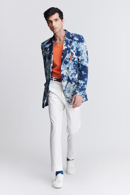 S&N by Shantnu Nikhil Blue Denim Printed Abstract Blazer 