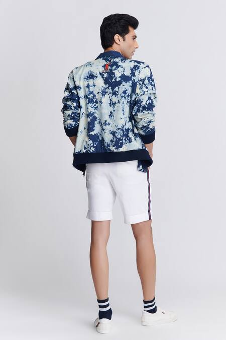 Shop S&N By Shantnu Nikhil Blue Denim Embroidery, Patchwork Abstract Print Varsity Jacket at Aza Fashions Shop_S&N By Shantnu Nikhil_Blue Denim Embroidery, Patchwork Abstract Print Varsity Jacket_at_Aza_Fashions