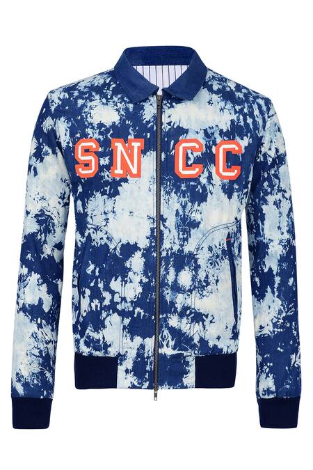 S&N By Shantnu Nikhil Blue Denim Embroidery, Patchwork Abstract Print Varsity Jacket Online at Aza Fashions S&N By Shantnu Nikhil_Blue Denim Embroidery, Patchwork Abstract Print Varsity Jacket_Online_at_Aza_Fashions