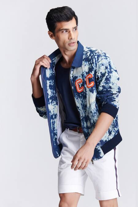 Shop S&N By Shantnu Nikhil Blue Denim Embroidery, Patchwork Abstract Print Varsity Jacket Online at Aza Fashions Shop_S&N By Shantnu Nikhil_Blue Denim Embroidery, Patchwork Abstract Print Varsity Jacket_Online_at_Aza_Fashions