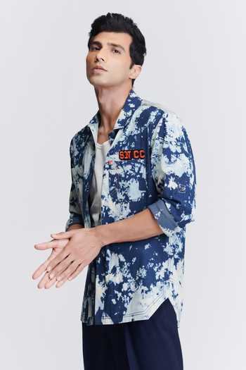 Buy_S&N By Shantnu Nikhil_Blue Denim Embroidery Abstract Print Shacket_Online_at_Aza_Fashions