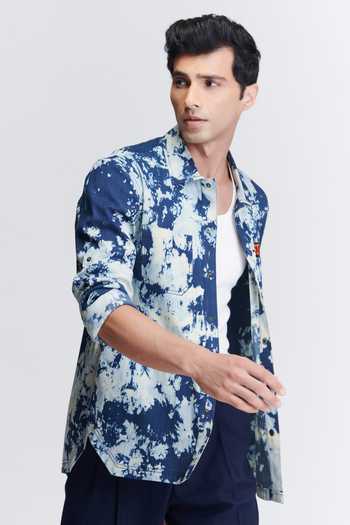 Shop_S&N By Shantnu Nikhil_Blue Denim Embroidery Abstract Print Shacket_Online_at_Aza_Fashions