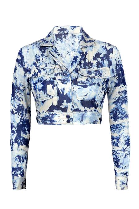 S&N By Shantnu Nikhil_Blue Denim, Lycra Embroidery Collared Abstract Print Cargo Jacket_Online_at_Aza_Fashions