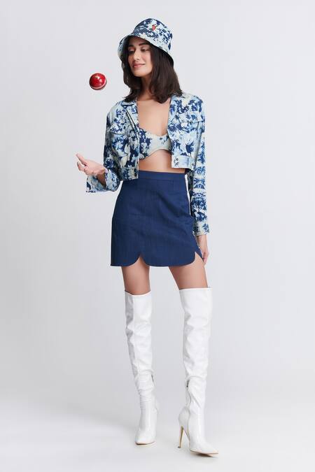 Shop_S&N By Shantnu Nikhil_Blue Denim, Lycra Embroidery Collared Abstract Print Cargo Jacket_Online_at_Aza_Fashions