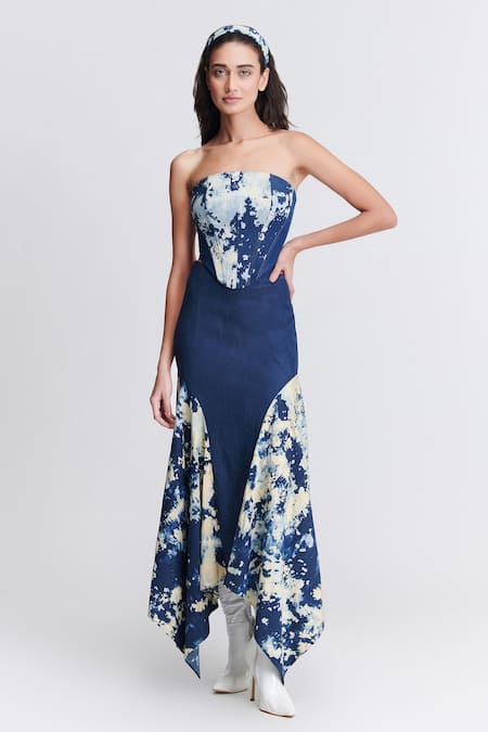 S&N by Shantnu Nikhil Blue Denim, Lycra Embroidery Round Neck Abstract Print Corset Top 