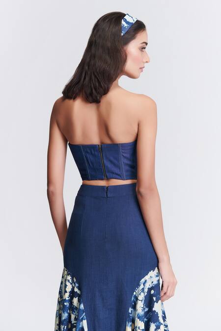 Shop S&N By Shantnu Nikhil Blue Denim, Lycra Embroidery Round Neck Abstract Print Corset Top at Aza Fashions Shop_S&N By Shantnu Nikhil_Blue Denim, Lycra Embroidery Round Neck Abstract Print Corset Top_at_Aza_Fashions