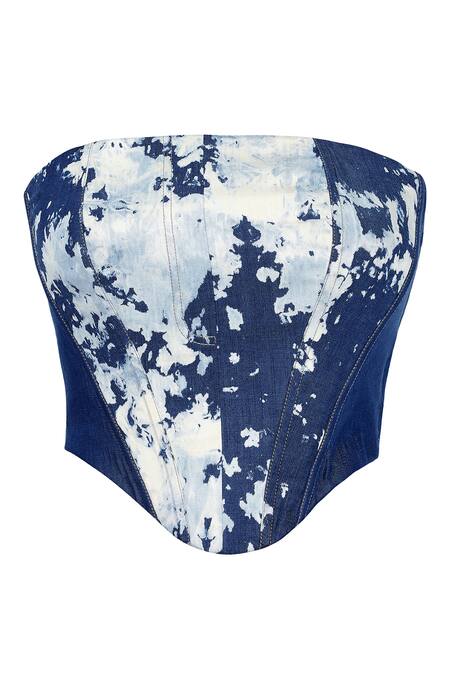 S&N By Shantnu Nikhil Blue Denim, Lycra Embroidery Round Neck Abstract Print Corset Top Online at Aza Fashions S&N By Shantnu Nikhil_Blue Denim, Lycra Embroidery Round Neck Abstract Print Corset Top_Online_at_Aza_Fashions