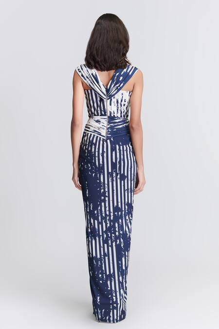 Shop S&N By Shantnu Nikhil Blue Polyester, Spandex Sweetheart Neck Stripe Print Draped Gown at Aza Fashions Shop_S&N By Shantnu Nikhil_Blue Polyester, Spandex Sweetheart Neck Stripe Print Draped Gown_at_Aza_Fashions