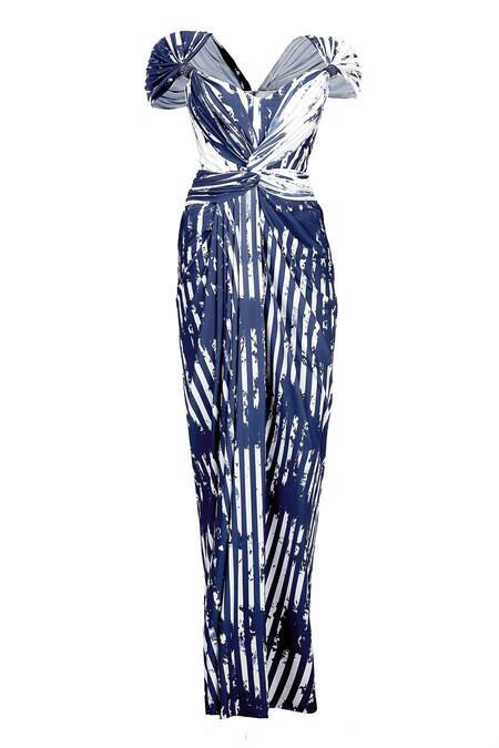 S&N By Shantnu Nikhil Blue Polyester, Spandex Sweetheart Neck Stripe Print Draped Gown Online at Aza Fashions S&N By Shantnu Nikhil_Blue Polyester, Spandex Sweetheart Neck Stripe Print Draped Gown_Online_at_Aza_Fashions