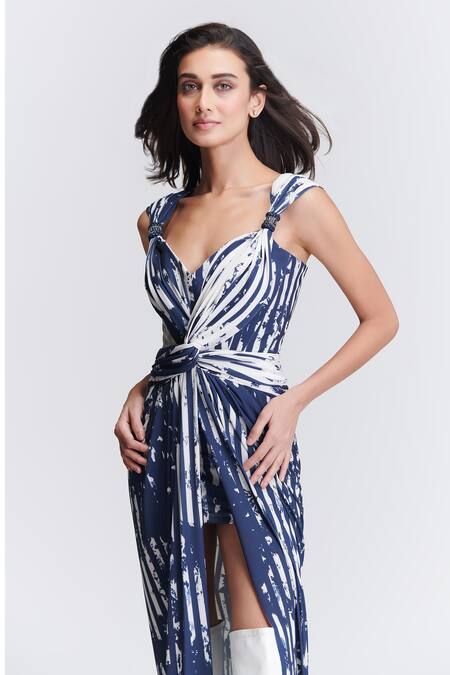Shop S&N By Shantnu Nikhil Blue Polyester, Spandex Sweetheart Neck Stripe Print Draped Gown Online at Aza Fashions Shop_S&N By Shantnu Nikhil_Blue Polyester, Spandex Sweetheart Neck Stripe Print Draped Gown_Online_at_Aza_Fashions