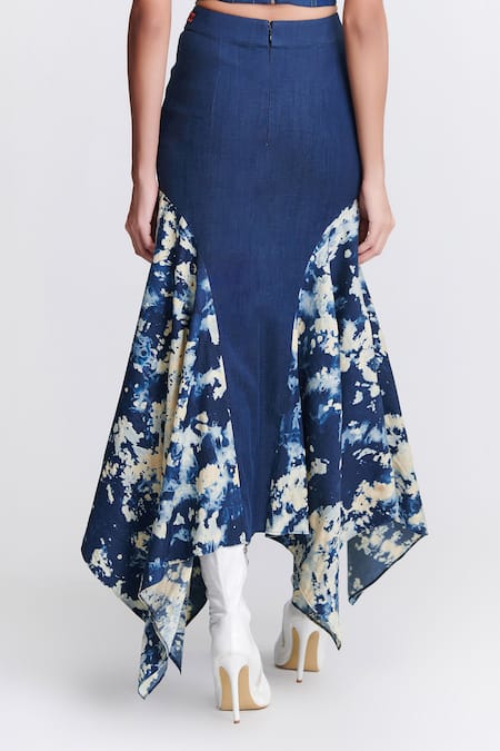 Shop S&N By Shantnu Nikhil Blue Denim, Lycra Abstract Print Draped Skirt at Aza Fashions Shop_S&N By Shantnu Nikhil_Blue Denim, Lycra Abstract Print Draped Skirt_at_Aza_Fashions