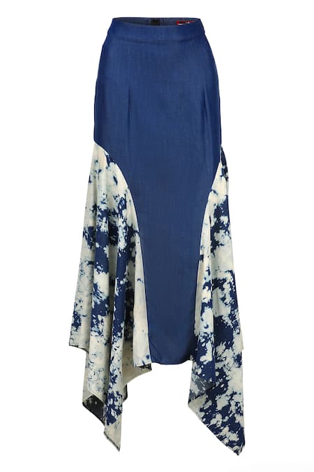S&N By Shantnu Nikhil Blue Denim, Lycra Abstract Print Draped Skirt Online at Aza Fashions S&N By Shantnu Nikhil_Blue Denim, Lycra Abstract Print Draped Skirt_Online_at_Aza_Fashions